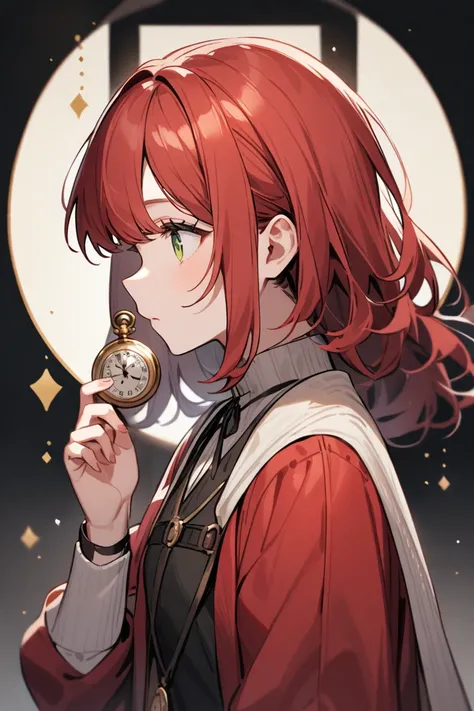 A red-haired girl in profile ,  with green eyes and with a pocket watch in her hand