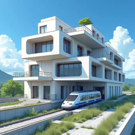  A house with a railway station combined inside the house　　　Complex architecture　　Japan　　　The moment the train arrives on the tracks 　　　modernism　　　　　　　　blue sky　　　　　　Onsen Maintenance Area