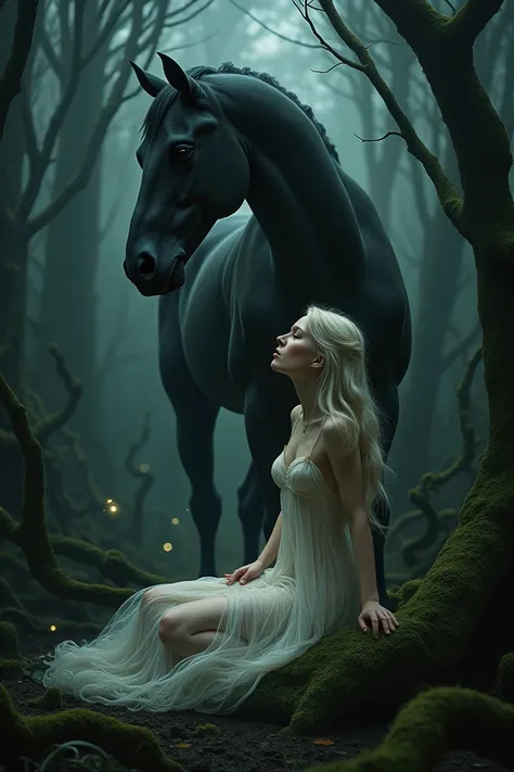 Naked wowen sitting under Horse in darkness forest