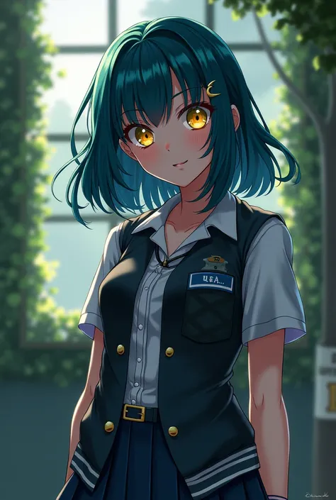  Capture Boku No Hero Academia ,Pretty girl, ripped yellow eyes ,  dark aqua-blue hair ,  hourglass body with school uniform from Bocu no Hero Academia U. Short haired and visibly shy and would be a 