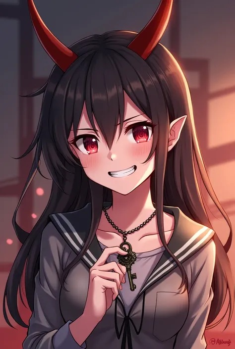 anime girl with horns and a necklace holding a key, a character portrait by Shitao, pixiv contest winner, shin hanga, demon anime girl, [[[[grinning evily]]]], portrait of a female demon, grinning lasciviously, from arknights, very slightly smiling, anime ...