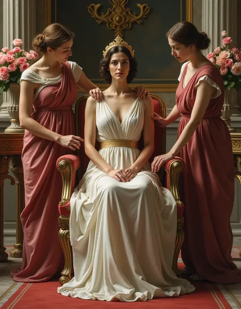  the goddess Athena with short brown hair sitting on a chair in the palace hall 、 wearing a long Greek wedding dress that covers up to the neck and a crown with a gold ring、Sitting on a chair in the palace saloon 。 has a vase with roses in front of her 。 h...