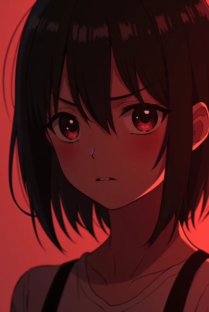 Realistic dark red 4k anime character with a bored and tired face 