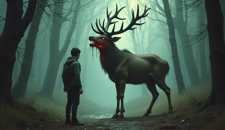 The deer rises onto its hind legs in front of Caleb, its form grotesquely shifting, transforming into a humanoid creature with torn flesh and a menacing, mocking grin."