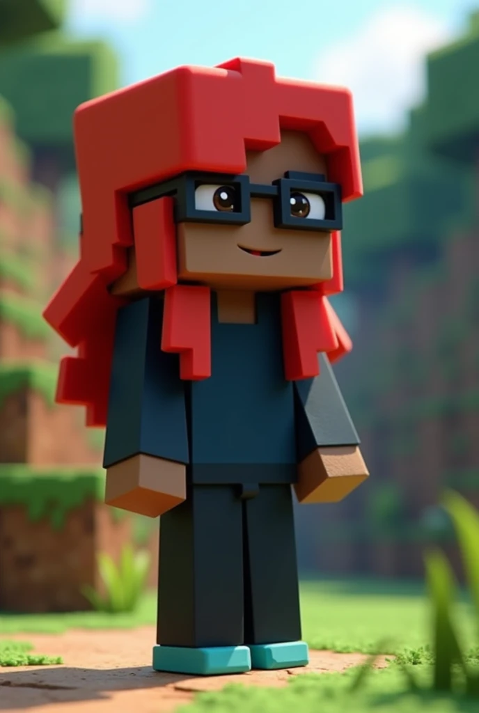 A character from Minecraft 3d with a hair covering his eyes with glasses on his red hair with a dark skin with a long dark blue shirt the light blue sleeve with a black pants with a light blue male shoe