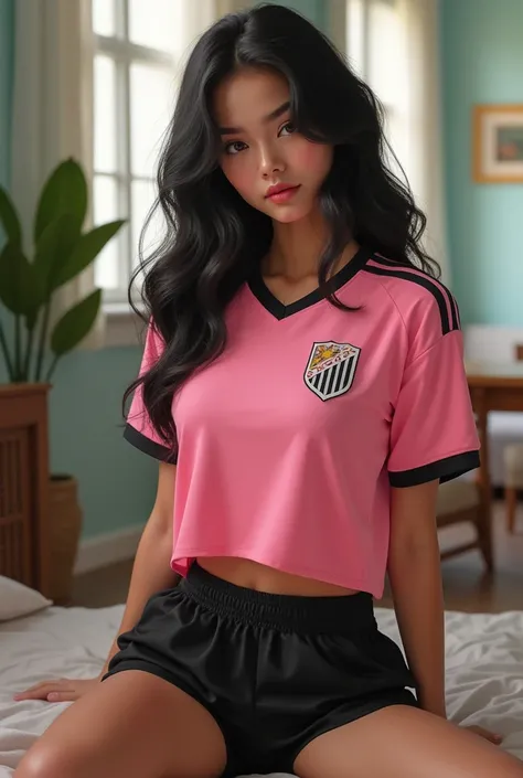 Very sexy teen ,  black hair , medium chest,  big ass,  loose black gym shorts, blusa baby look de time rosa (soccer)