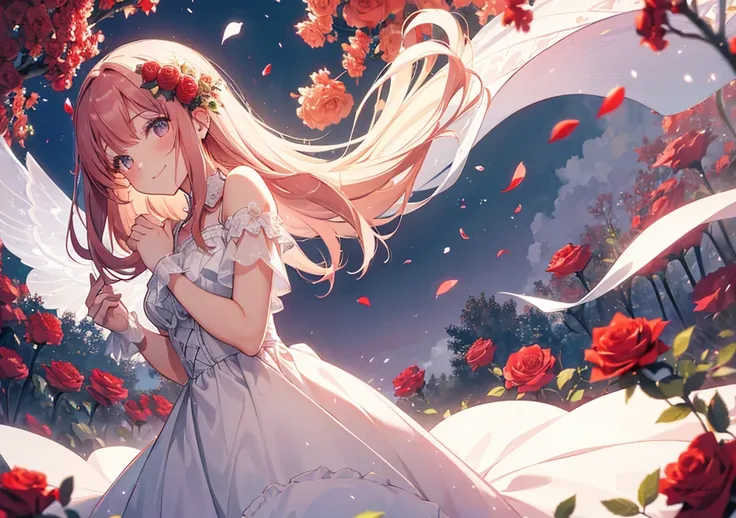 A Girl Dreaming of Roses
A girl is smiling in a dream surrounded by red roses. Her dress is pure white and seems to be floating among the fluttering rose petals. A hazy dream world spreads in the background, and her presence floats fantastically