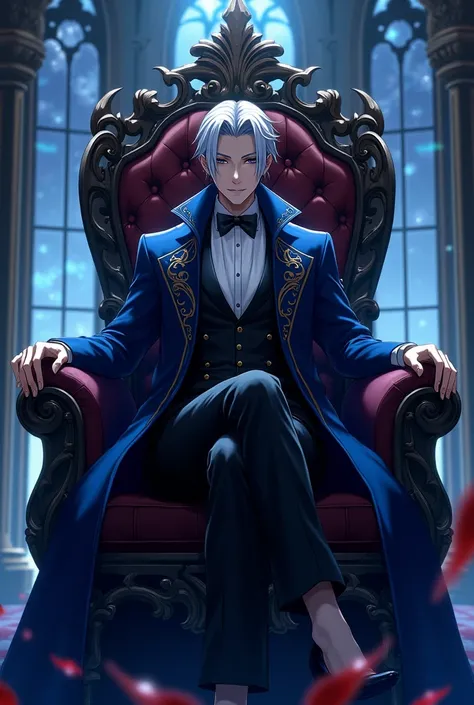 Adult male vampire lord ,anime designe, sexy lord clothes in the color blue and black,short gray hair,  sitting on a dark throne in a castle at night, crossing his legs , Controlling blood with your hands, smiling sensually 