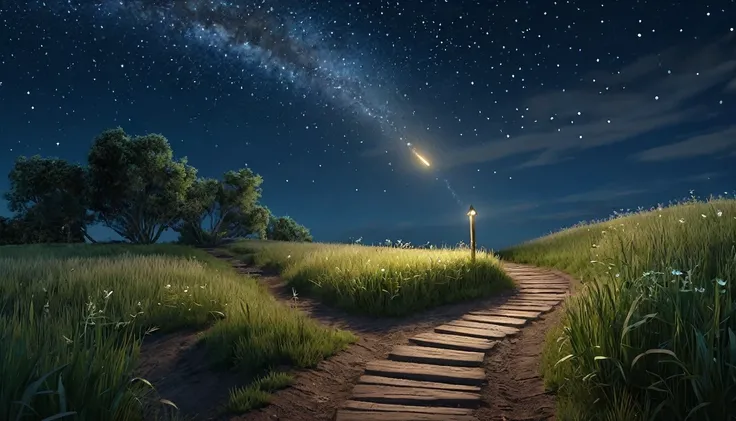 A photorealistic image of a winding dirt path leading through an open field under a vividly starry sky. The stars are exceptionally bright, with a comet streaking across the upper corner of the frame, leaving a glowing trail. The path is bordered by tall g...