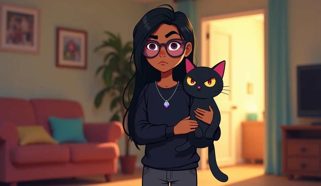 A tan-skinned teen girl with dark brown eyes, black hair, wearing black and pink gradient glasses, a neckless with a cyan, purple and green gem, a black jumper with a purple dolphin that is stitched on, comfortable dark grey trousers and black shoes . The ...