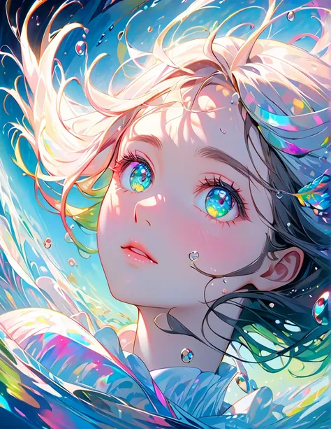 girl swims underwater,hyper detailed render style,glow,yellow,blue,green,pink,brush,surreal oil painting,shiny eyes,head closeup,exaggerated perspective,tyndall effect,water drops,mother of pearl iridescence,holographic white,black background,