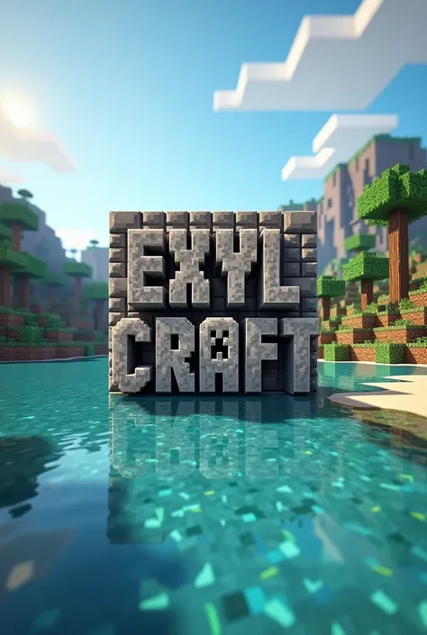 Generate an image with a Minecraft background in a place in the lagoon and with a huge text saying EXYLCRAFT with a square typeface with a rock texture