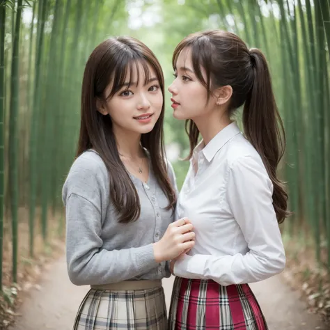 bamboo forrest，ssmile、Original photography、(((ultimate beauty portrait)))、((glistning skin))、two girls are deeply in love with each other, kiss、Beautiful 20 year old girl from Prague、bright expression、((Brown hair)))、(Plaid pleated skirt:1.5)、((Big eyes sp...