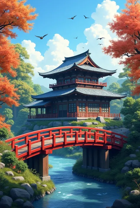 This image contains、 depicts a traditional Japanese architectural style building 。The building is made of wood、It has a characteristic double roof 、 surrounded by lush green trees 々 looking like Western movies are spreading out 。 There is an arched red bri...