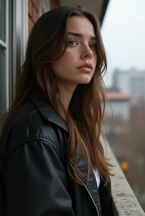 (photorealism:1.2),  innocent beautiful woman , , long hair, , relaxed pose, realistic,  intricate details,  Brown Hair , big  ,  curvy body , white pele,  , ,   on a building porch ,  looking at the horizon Black Jacket, White player , freckles, 