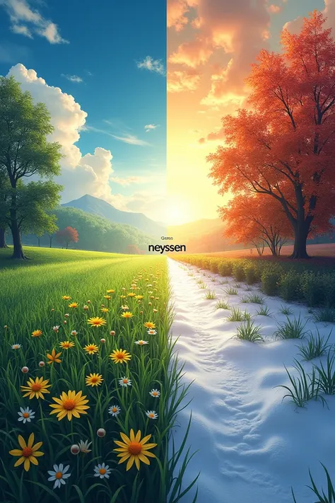 Can you generate an album cover cut into 4 parts each representing the 4 seasons and with “Neyssen” marked in the middle 