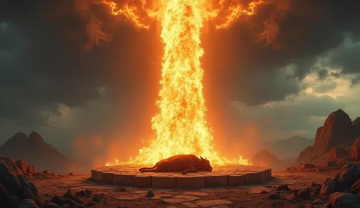 A mighty column of fire descends from the heavens, pierces the gathering storm clouds, and crashes heavily against an altar. The altar has stones underneath, with cut wood, and is circular in shape. On top of it is a dead ox. Seen from a distance.