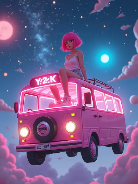 real photograph, 18 years old Jpop girl that has a y2k vibe with pink bob hair and surrounded by candy, pretty face, sitting on the rooftop of a flying pink bus as it soars through the stars. The bus is decorated with glowing neon signs, and the vast cosmi...