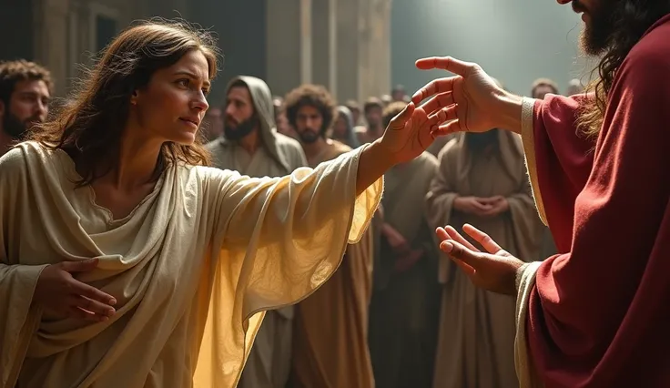 Woman clutching Jesus robe to be healed.