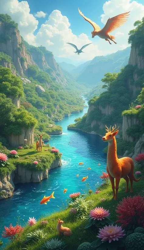 A fantasy world with diverse animals and sparkling rivers