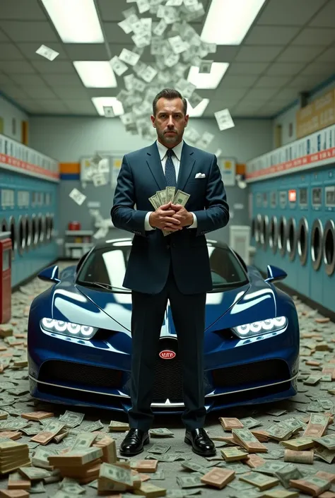 Man holding his hand crossed with money in a laundromat full of money with a Bugatti car