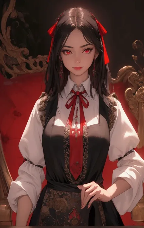 ( masterpiece ,  Best Quality : 1.2),(very detailed face, real image, pele realista, Realistic body,  intricate details), (Alone,  upper body ) evil smile, Serious,  looking at the viewer ,  red eyes , Assassin RPG-style clothing, apron dress , shirt, neck...