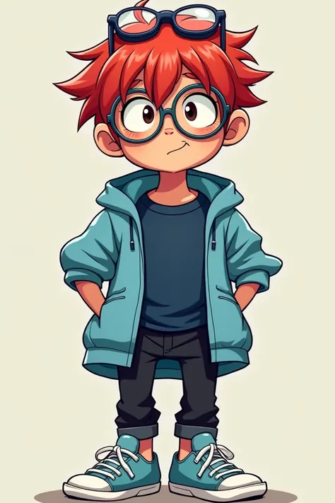 AN 18-YEAR-OLD BOY WITH BROWN AND MILKY SKIN WITH RED HAIR COVERING HIS EYES WITH CRAZY GLASSES IN HIS HAIR WITH A DARK BLUE SHIRT WITH A LIGHT BLUE SHIRT SLEEVE WITH BLACK PANTS WITH A LIGHT BLUE ANIME SHOE