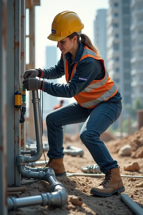 Geberit press woman on construction site press fittings sanitary bathroom