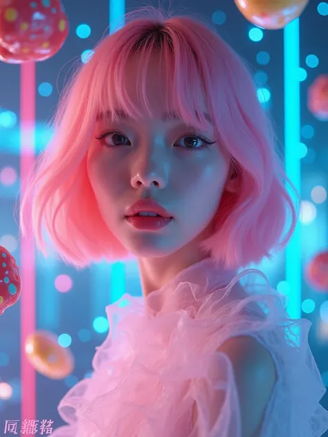 real photograph, 18 years old Jpop girl that has a y2k vibe with pink bob hair and surrounded by candy, pretty face, floating inside a glowing digital interface, surrounded by cascading streams of data and holographic displays. Her form flickers between re...