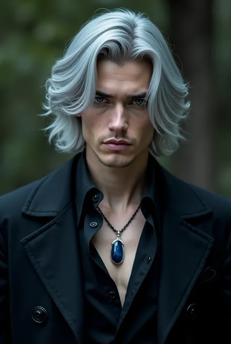  27-year-old male, smooth and soft chin.  Light gray semi-long wavy hair. dark blue eyes. pale skin. vampire.  Black jacket and black shirt . Sapphire pendant necklace .