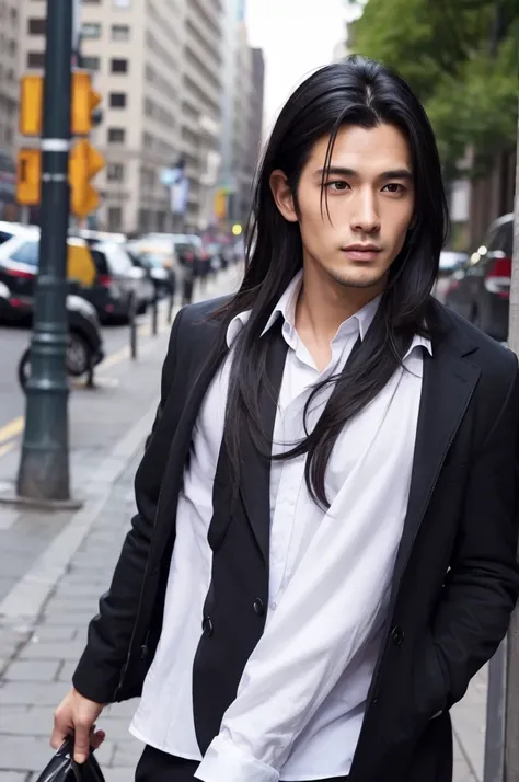 Handsome guy with slightly long black hair, cool impression man