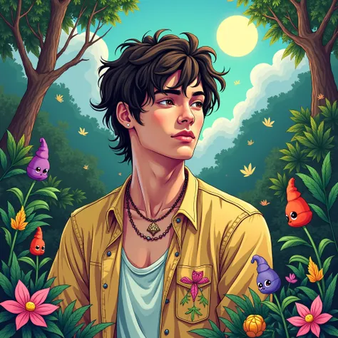  Create a very beautiful ,  colorful and striking illustration of a guy  "peace and love"  who enjoys smoking marijuana and walking around in nature .  The character must have a prettier and more attractive appearance , mantendo o estilo peace and love,  w...