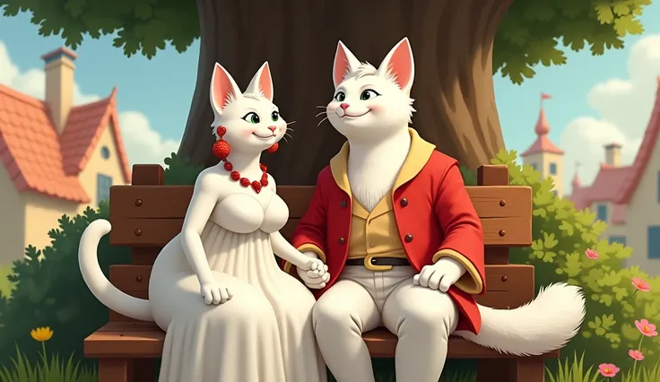 digital illustration featuring a anthropomorphic of Clara a white female human like cat wearing white gown, red necklace and red ear-ring, the cat has a large hips and a large chest and James a white tall cat wearing a white trouser and red shirt.  sit on ...