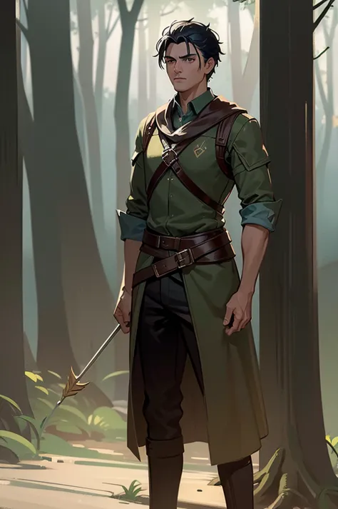 (((male))) depressed archer, doesn't want to be here, fantasy, medium hair, tired facial expression, bags under eyes, bow, arrow...