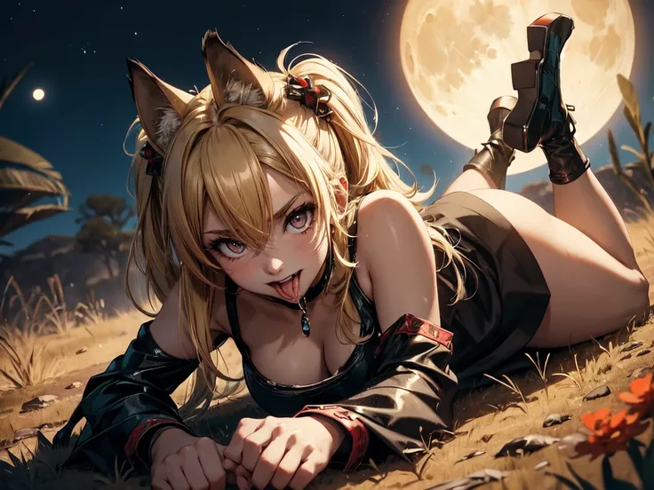 (highest quality, masterpiece, High resolution), (anime art), cinematic light, soft light, 1girl, solo, Harley Quinn transforming into an anthro hyena, panting like a dog, tongue, tongue out, blonde hair, hyena ears, hyena tail, hyena teeth, hyena paws, hy...