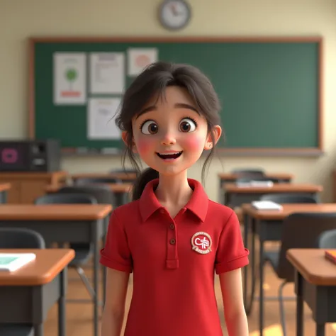 GIRL TALKING TO THE ANIMATED CAMERA WEARING A RED DELIVERY POLO SHIRT IN THE CLASSROOM 