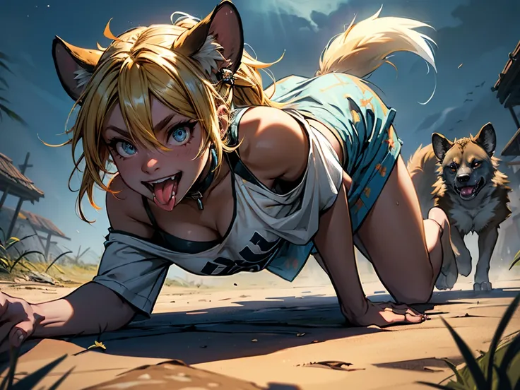 (highest quality, masterpiece, High resolution), (anime art), cinematic light, soft light, 1girl, solo, Harley Quinn transforming into an anthro hyena, panting like a dog, tongue, tongue out, blonde hair, hyena ears, hyena tail, hyena teeth, hyena paws, hy...