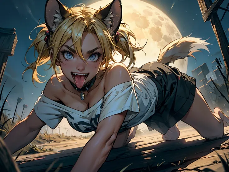 (highest quality, masterpiece, High resolution), (anime art), cinematic light, soft light, 1girl, solo, Harley Quinn transforming into an anthro hyena, panting like a dog, tongue, tongue out, blonde hair, hyena ears, hyena tail, hyena teeth, hyena paws, hy...