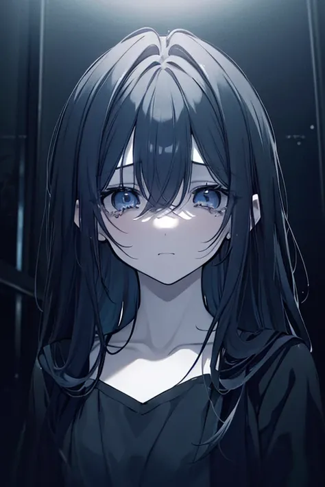 sad, depressed girl, crying, emotional distress, suicidal thoughts, dark expression, long dark hair, pale skin, looking down, alone in a dark room, chiaroscuro lighting, moody atmosphere, subtle blue and gray color palette, detailed facial features, high r...