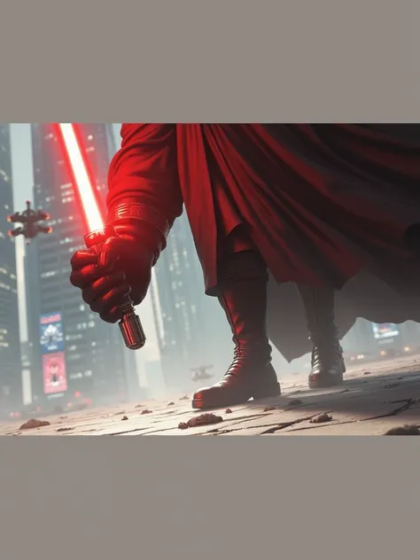 
A sith lord wielding a lightsaber in the middle of the street in the cyberpunk universe