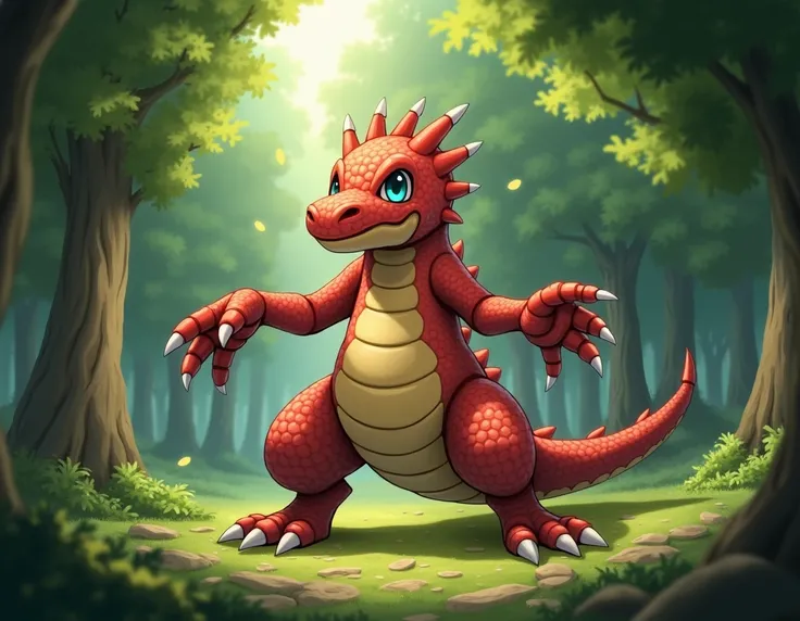 guilmon(digimon) standing in a forest clearing.