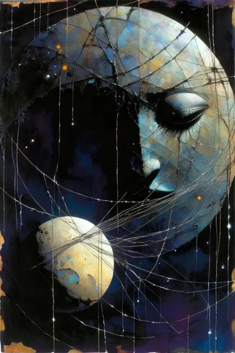 broken moon, sad, sewn with thread in the broken, dark, art inspired by Bill Sienkiewicz and Dave McKean