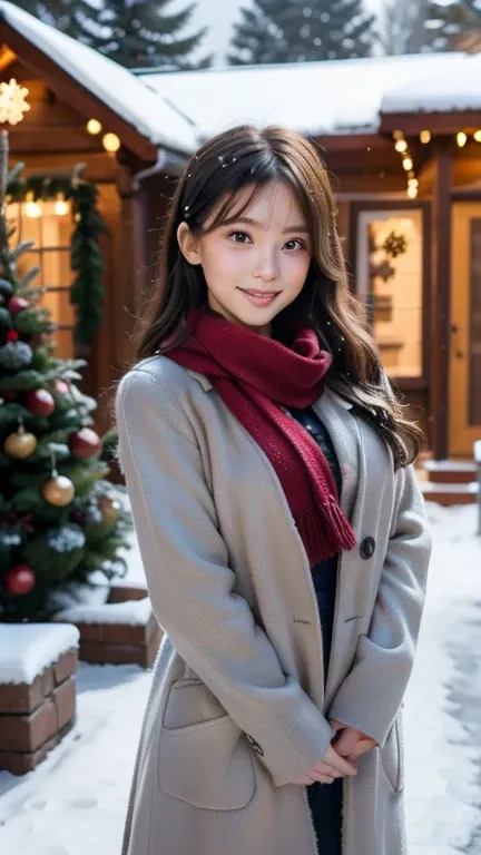 (Wore a winter uniform and scarf coat、 Close-up portrait of a girl with long hair and dull bangs:1.5)、(one person*** wearing a winter uniform and scarf coat spreads her arms and has a shy smile :1.5)、Age 25、( Christmas decorations on a street corner on a s...