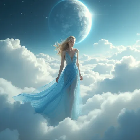 Beautiful woman walking on clouds ,  wearing a clear blue dress, Wavy Blonde Hair, Beautiful Earth and Moon ,  full body shot