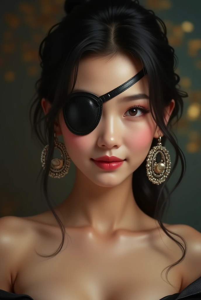 a sexy asian girl in  , with a leather eyepatch, with large breast, with round earrings, with smile，with gown