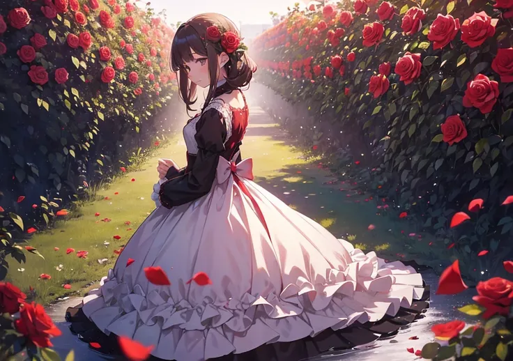 A Girl Waiting for Reunion in a Rose Garden
After a long separation, a girl waits for reunion in a red rose garden. Her dress is crimson, and rose petals are fluttering at her feet. She stands there with a slightly anxious expression, waiting for the momen...