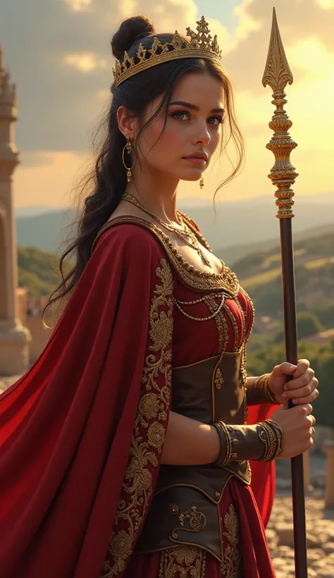 Young beautiful Spanish soldier with a scepter on her arms