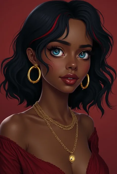 She has black skin. She has  blue eyes. She has sharp cheekbones but full cheeks. She has black hair with cherry red highlights. She wears two  golden hoop earrings and golden necklaces. She is a powerful witch. 