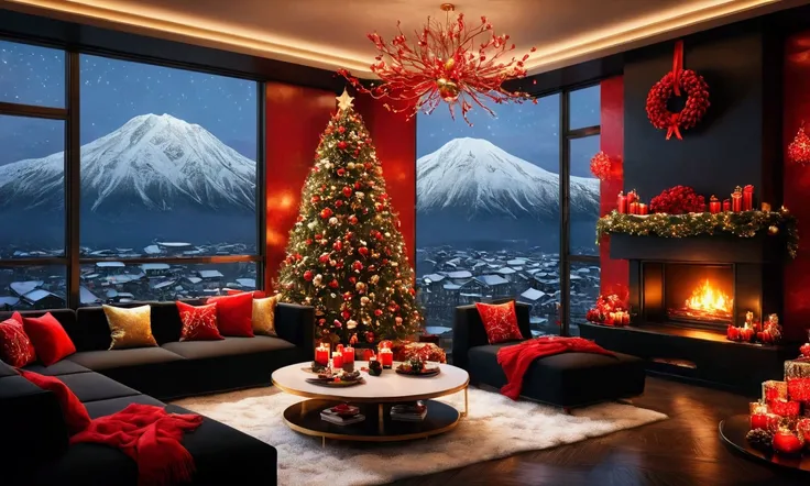 The inside of a cozy modern skyscraper penthouse. The interior has black accented furniture and is adorned with red and gold christmas decorations. The far wall is a bay window overlooking a snowy mountain. Warm lighting. A fireplace creates a relaxing amb...