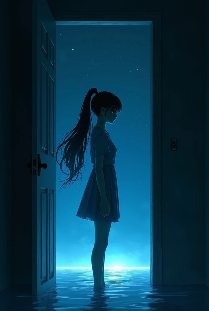 Hi .  Tall in a dark room , Black,  I want a picture of a girl with a ponytail bulk hair opening a door.  Let there be a passage behind the door in the picture .  This passage goes to space .  Behind the door there will be a blue space void . The room was ...